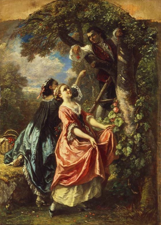 rousseau-and-mlle-galley-gathering-cherries-by-rocqueplan-1851